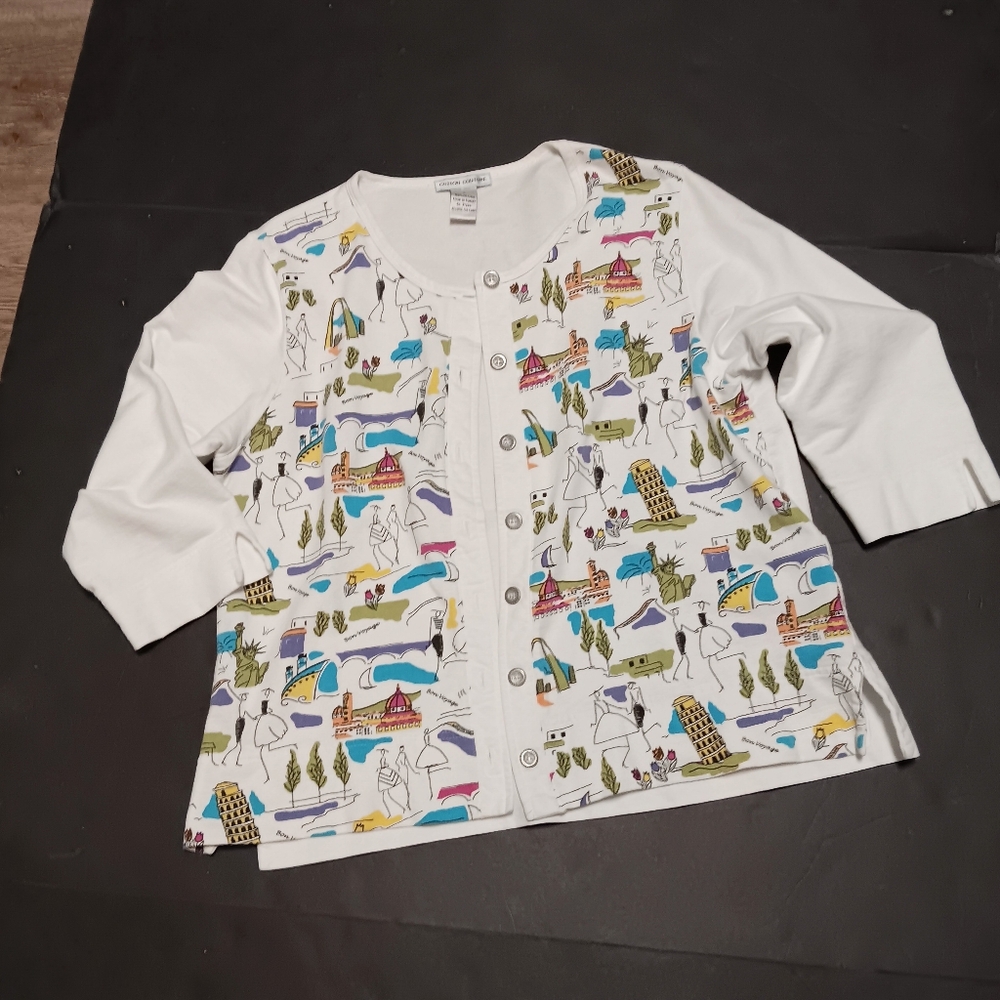 COTTON COUTURE button down travel theme cotton knit cardigan, L